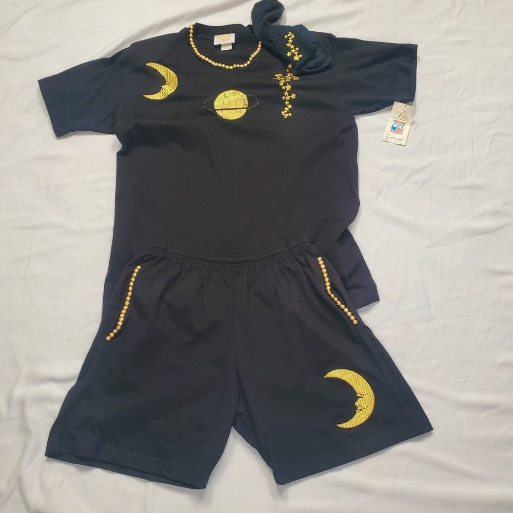 TIA Designs Women's 3 Pc T-Shirt, Shorts, Socks, Celestial Moon Stars Black Lg